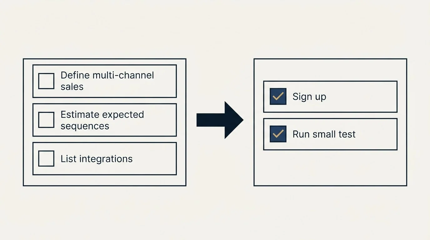 Before-and-after steps: Getting Started Checklist (Define multi-channel sales, Estimate expected sequences, List integrations, Sign up)