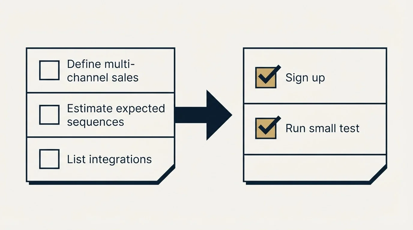 Before-and-after steps: Getting Started Checklist (Define multi-channel sales, Estimate expected sequences, List integrations, Sign up)