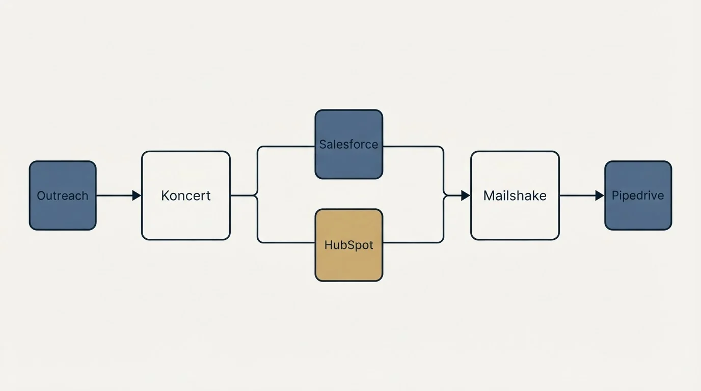 Integration schematic: Integration Ecosystem (Koncert, Mailshake, Salesforce, HubSpot)