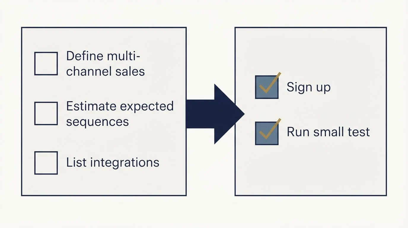 Before-and-after steps: Getting Started Checklist (Define multi-channel sales, Estimate expected sequences, List integrations, Sign up)