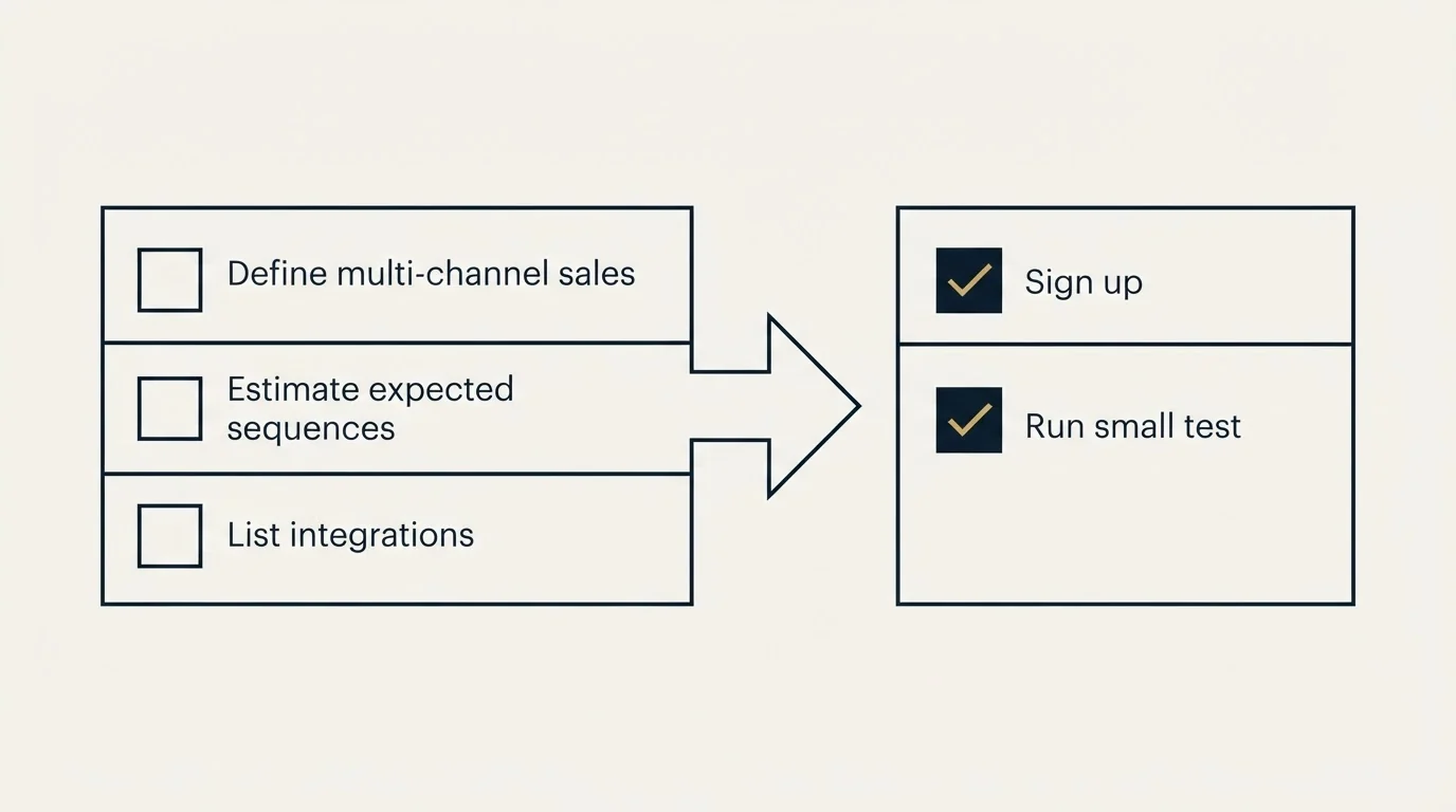 Before-and-after steps: Getting Started Checklist (Define multi-channel sales, Estimate expected sequences, List integrations, Sign up)