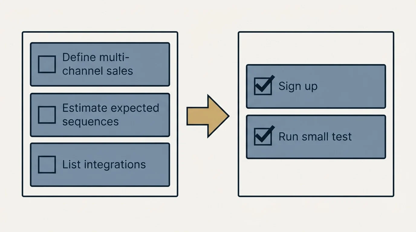 Before-and-after steps: Getting Started Checklist (Define multi-channel sales, Estimate expected sequences, List integrations, Sign up)