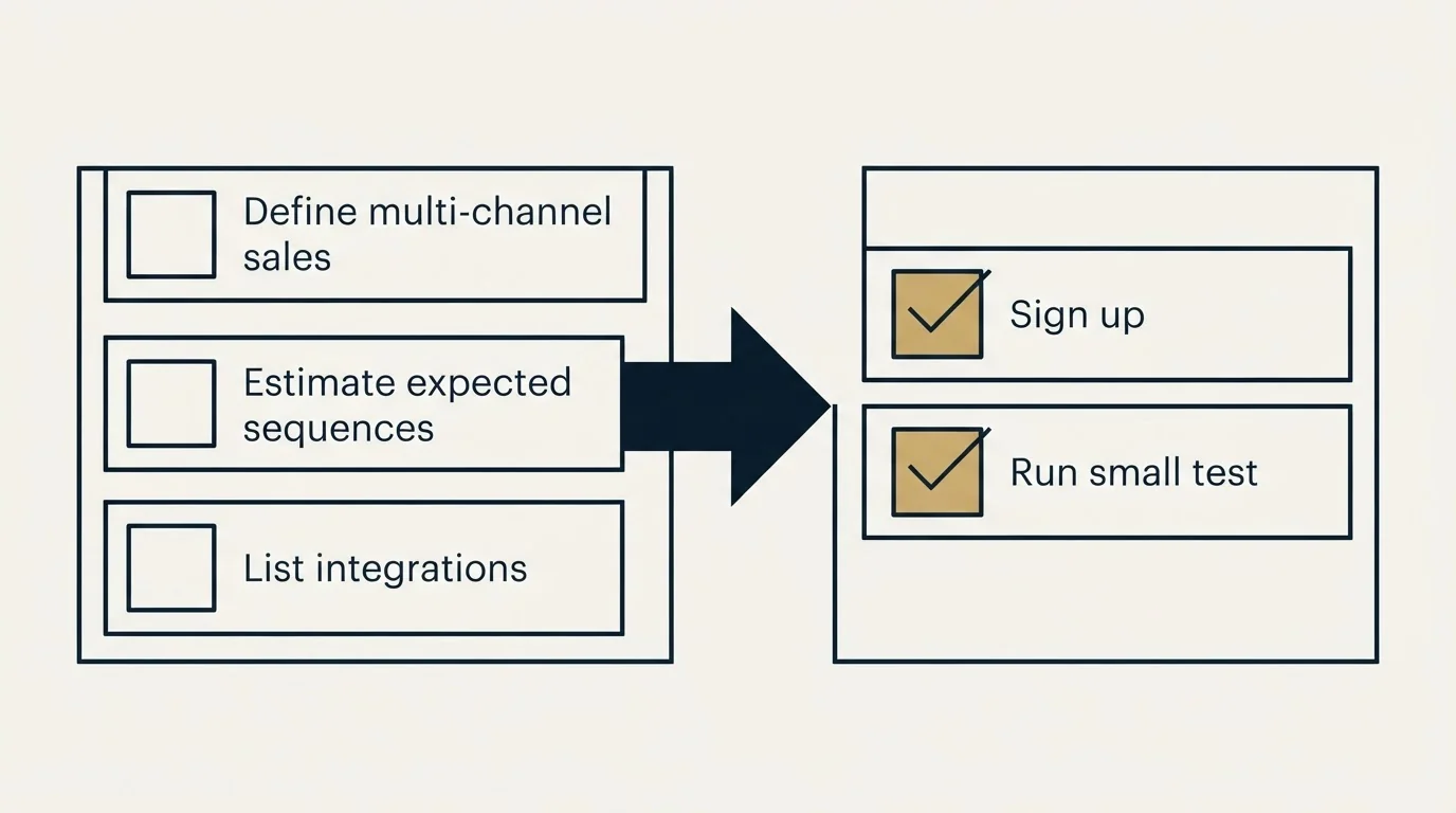 Before-and-after steps: Getting Started Checklist (Define multi-channel sales, Estimate expected sequences, List integrations, Sign up)