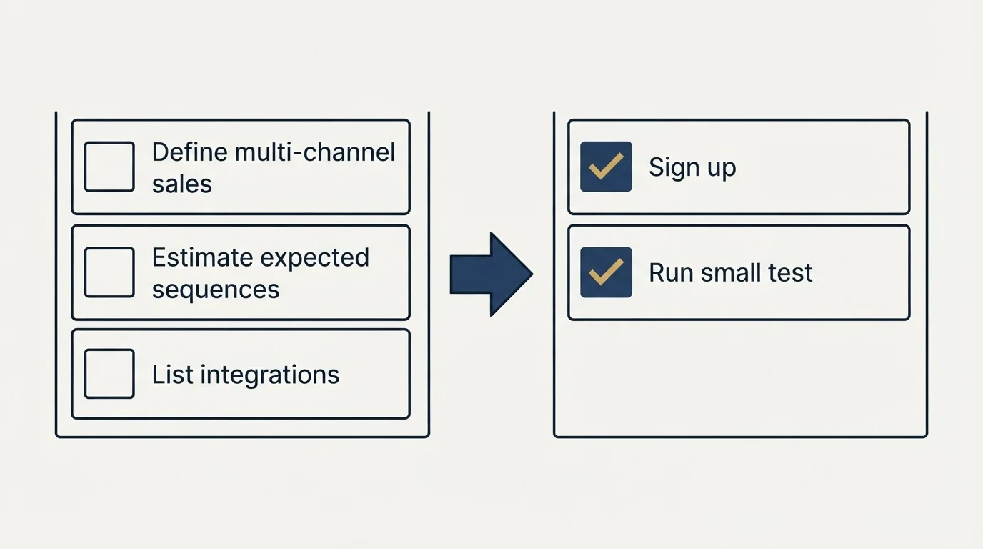 Before-and-after steps: Getting Started Checklist (Define multi-channel sales, Estimate expected sequences, List integrations, Sign up)