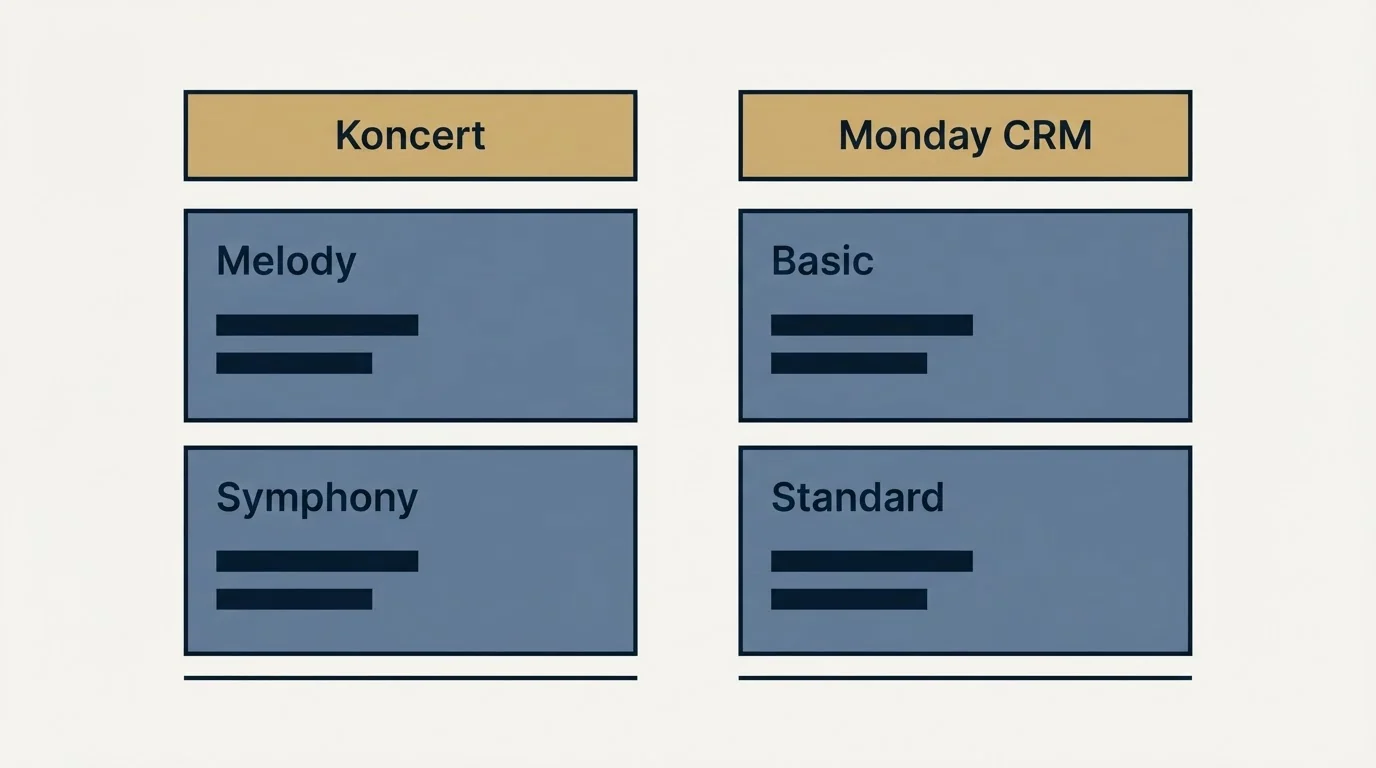 Pricing table: Pricing Comparison (Koncert, Monday CRM, Melody, Basic)