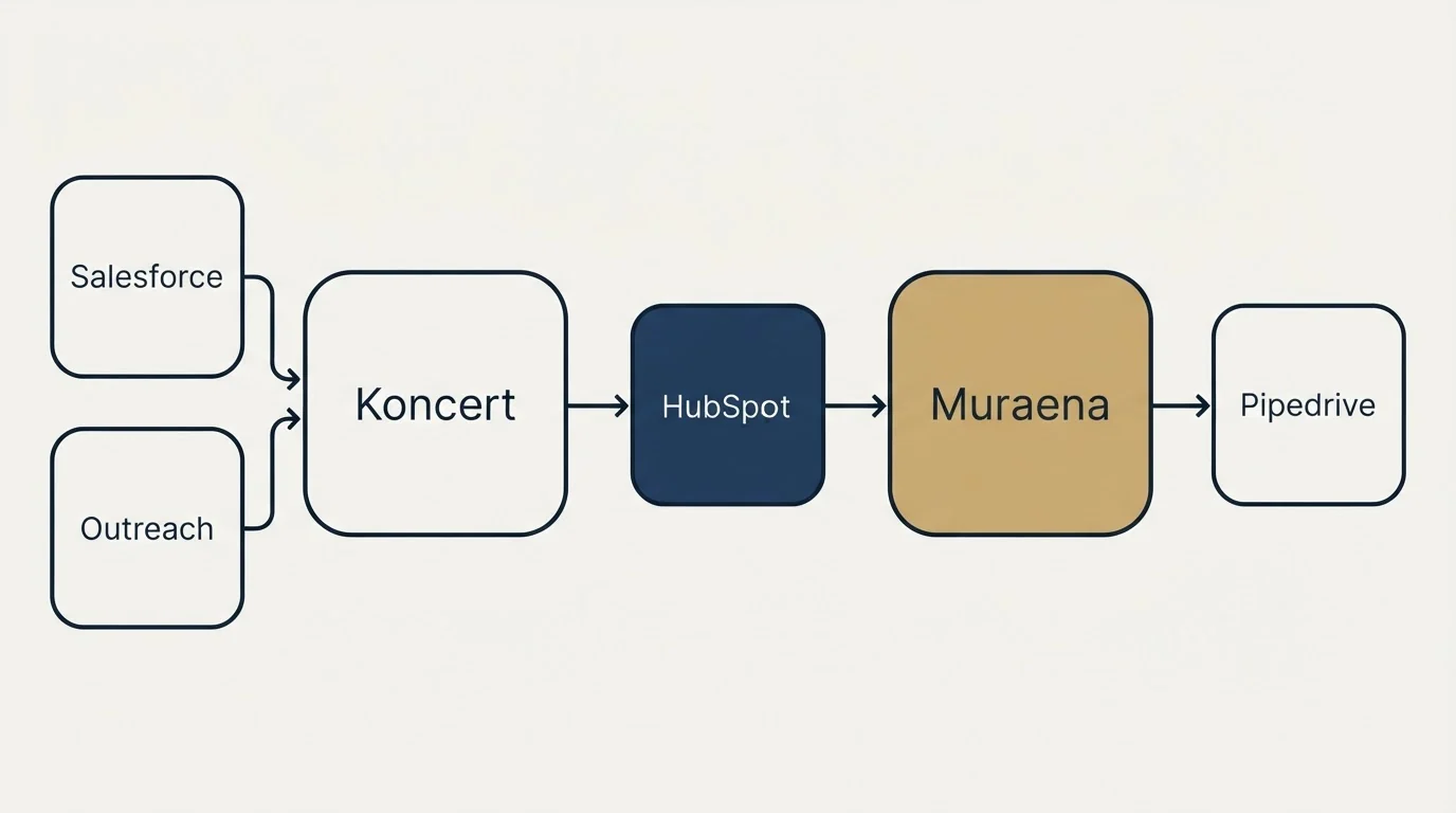 Integration schematic: Integration Ecosystem (Koncert, Muraena, HubSpot, Salesforce)