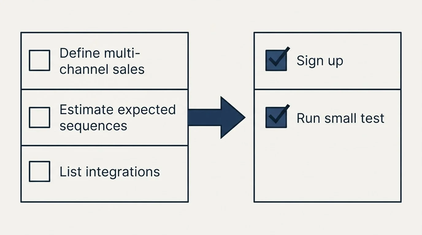 Before-and-after steps: Getting Started Checklist (Define multi-channel sales, Estimate expected sequences, List integrations, Sign up)
