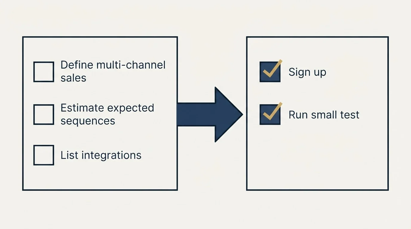 Before-and-after steps: Getting Started Checklist (Define multi-channel sales, Estimate expected sequences, List integrations, Sign up)