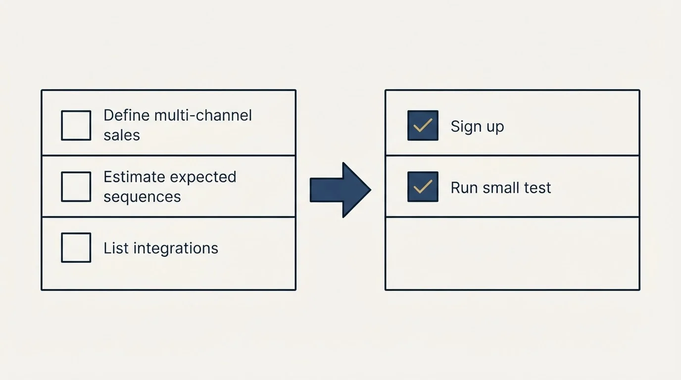 Before-and-after steps: Getting Started Checklist (Define multi-channel sales, Estimate expected sequences, List integrations, Sign up)