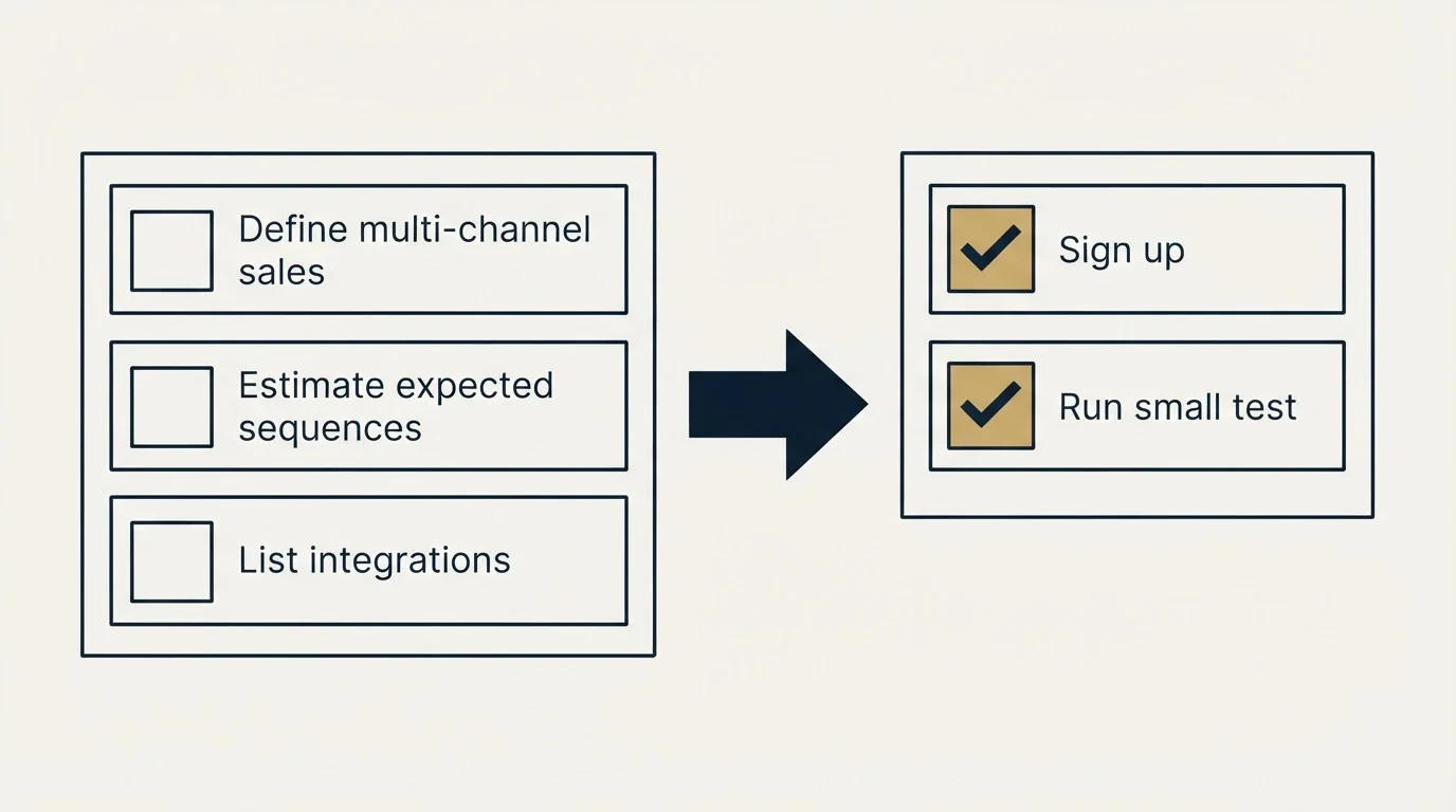 Before-and-after steps: Getting Started Checklist (Define multi-channel sales, Estimate expected sequences, List integrations, Sign up)