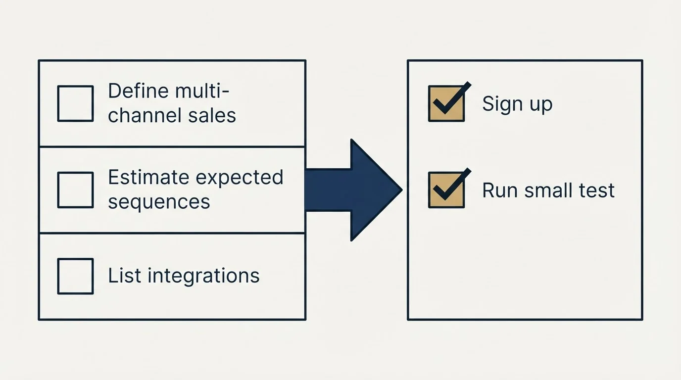Before-and-after steps: Getting Started Checklist (Define multi-channel sales, Estimate expected sequences, List integrations, Sign up)