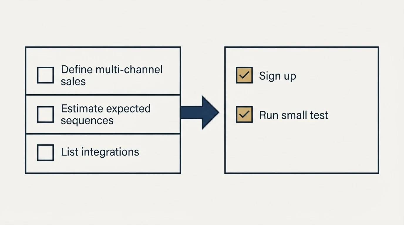 Before-and-after steps: Getting Started Checklist (Define multi-channel sales, Estimate expected sequences, List integrations, Sign up)