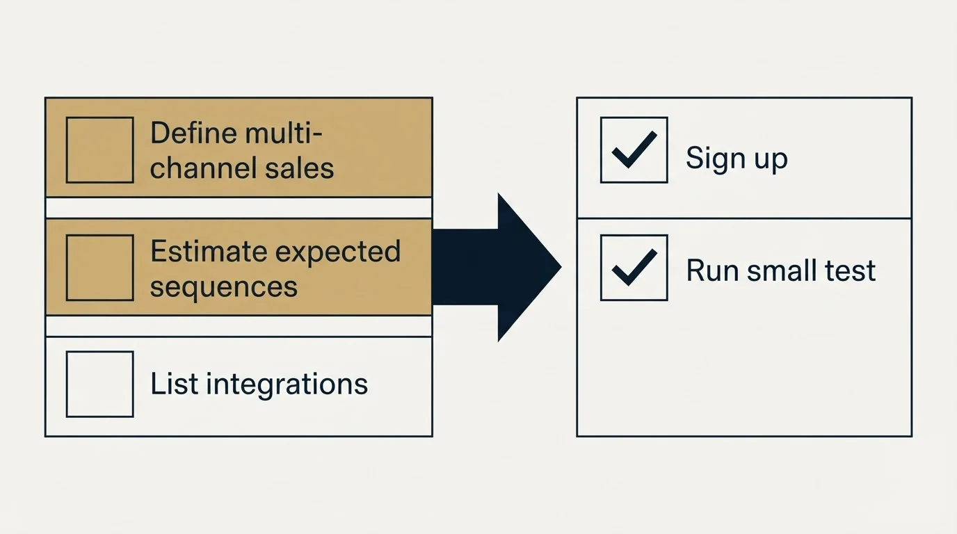 Before-and-after steps: Getting Started Checklist (Define multi-channel sales, Estimate expected sequences, List integrations, Sign up)
