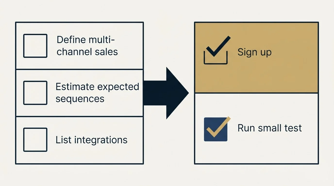 Before-and-after steps: Getting Started Checklist (Define multi-channel sales, Estimate expected sequences, List integrations, Sign up)