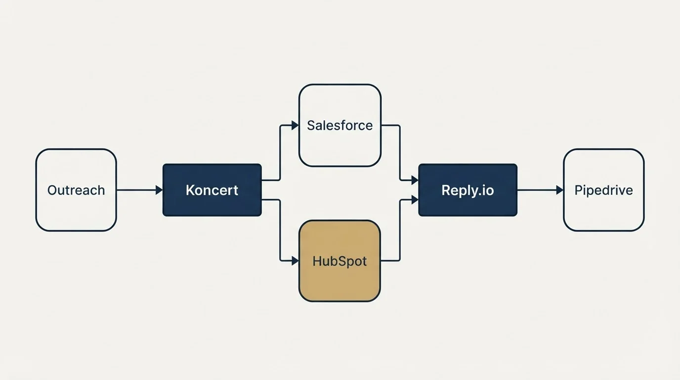 Integration flow: Integration Ecosystem (Koncert, Reply.io, Salesforce, HubSpot)