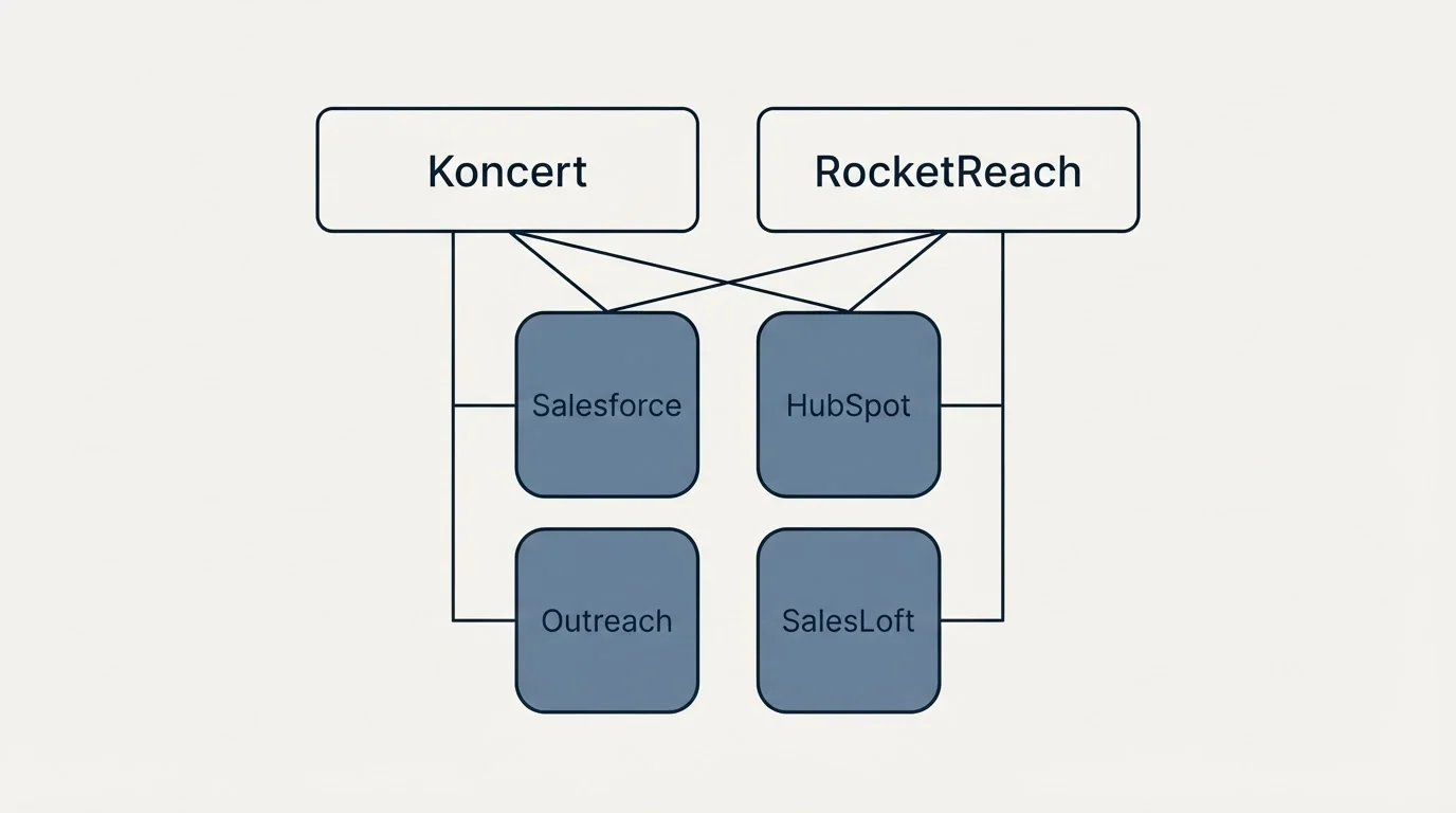 Integration grid: Integration Ecosystem (Koncert, RocketReach, Salesforce, HubSpot)