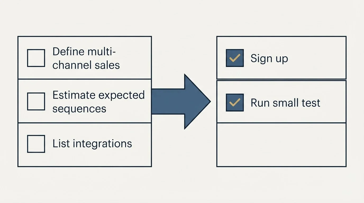 Before-and-after steps: Getting Started Checklist (Define multi-channel sales, Estimate expected sequences, List integrations, Sign up)