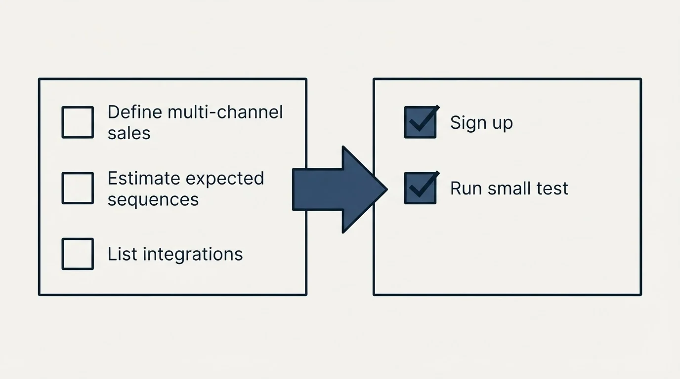 Before-and-after steps: Getting Started Checklist (Define multi-channel sales, Estimate expected sequences, List integrations, Sign up)