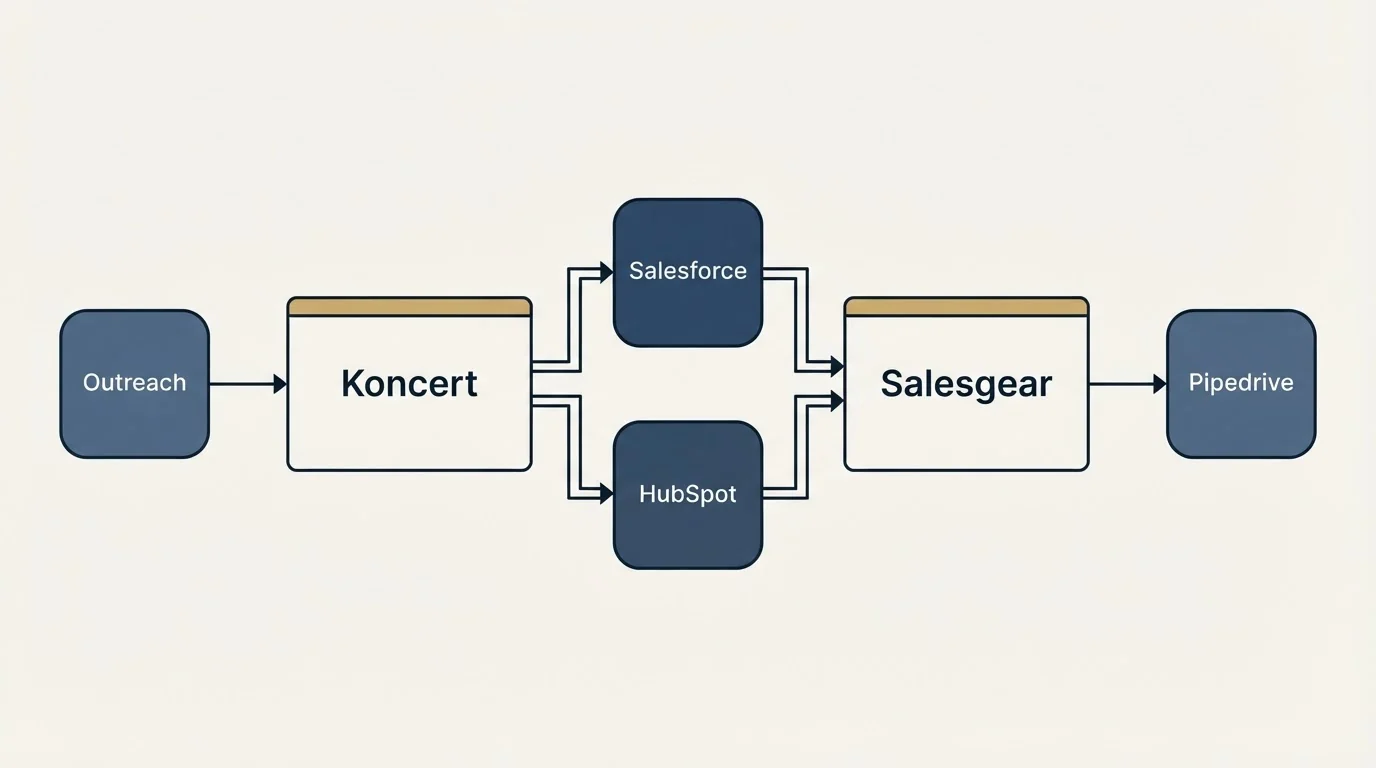 Integration flow: Integration Ecosystem (Koncert, Salesgear, Salesforce, HubSpot)