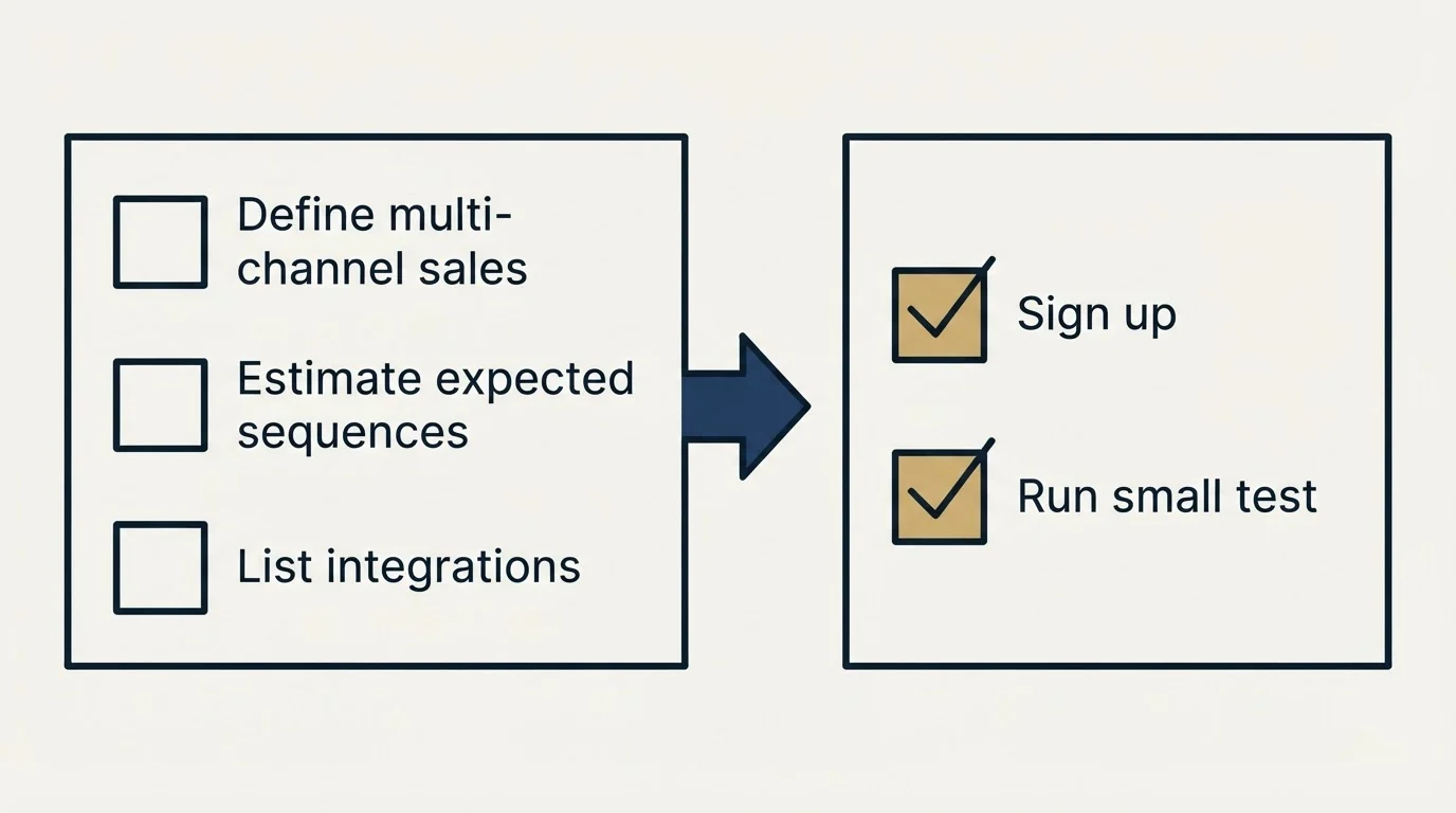 Before-and-after steps: Getting Started Checklist (Define multi-channel sales, Estimate expected sequences, List integrations, Sign up)