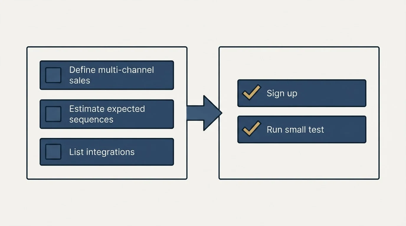 Before-and-after steps: Getting Started Checklist (Define multi-channel sales, Estimate expected sequences, List integrations, Sign up)