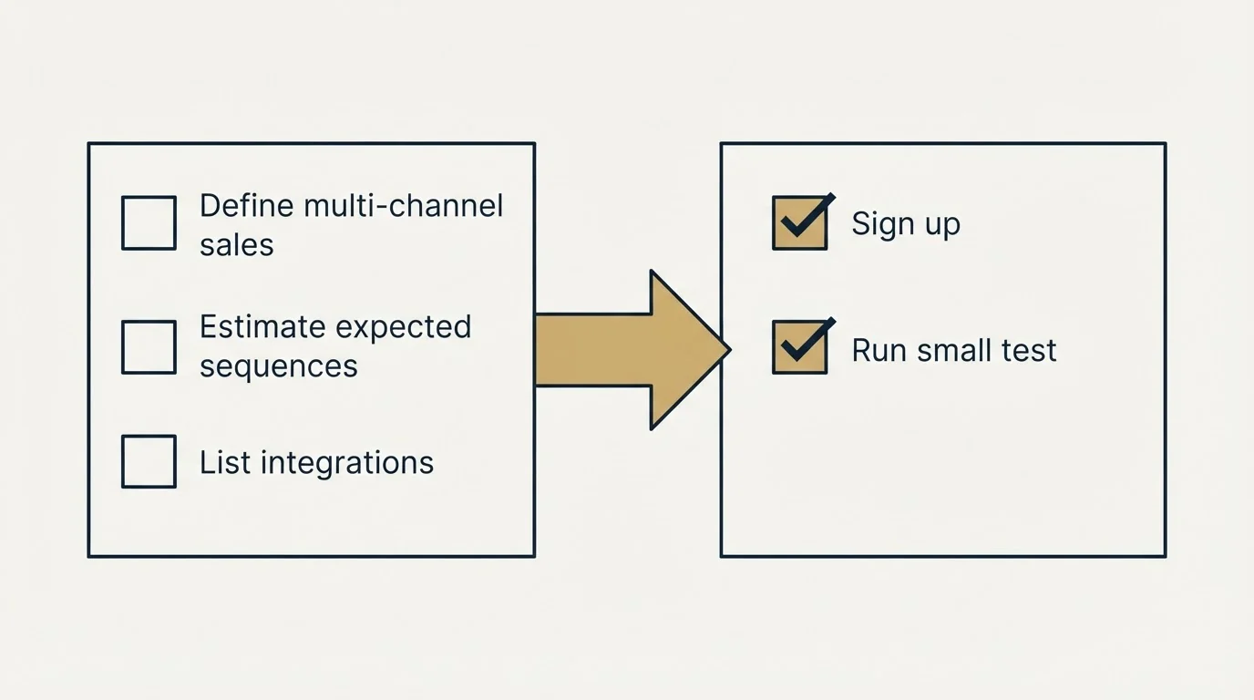 Before-and-after steps: Getting Started Checklist (Define multi-channel sales, Estimate expected sequences, List integrations, Sign up)