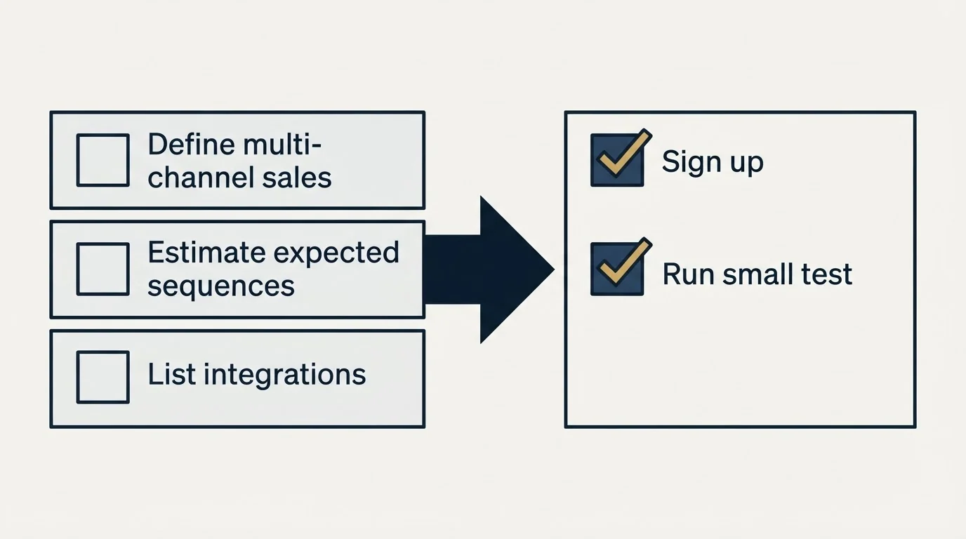 Before-and-after steps: Getting Started Checklist (Define multi-channel sales, Estimate expected sequences, List integrations, Sign up)