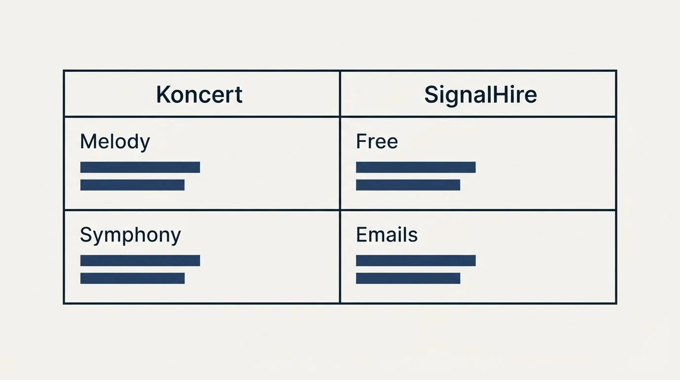 Pricing table: Pricing Comparison (Koncert, SignalHire, Melody, Free)