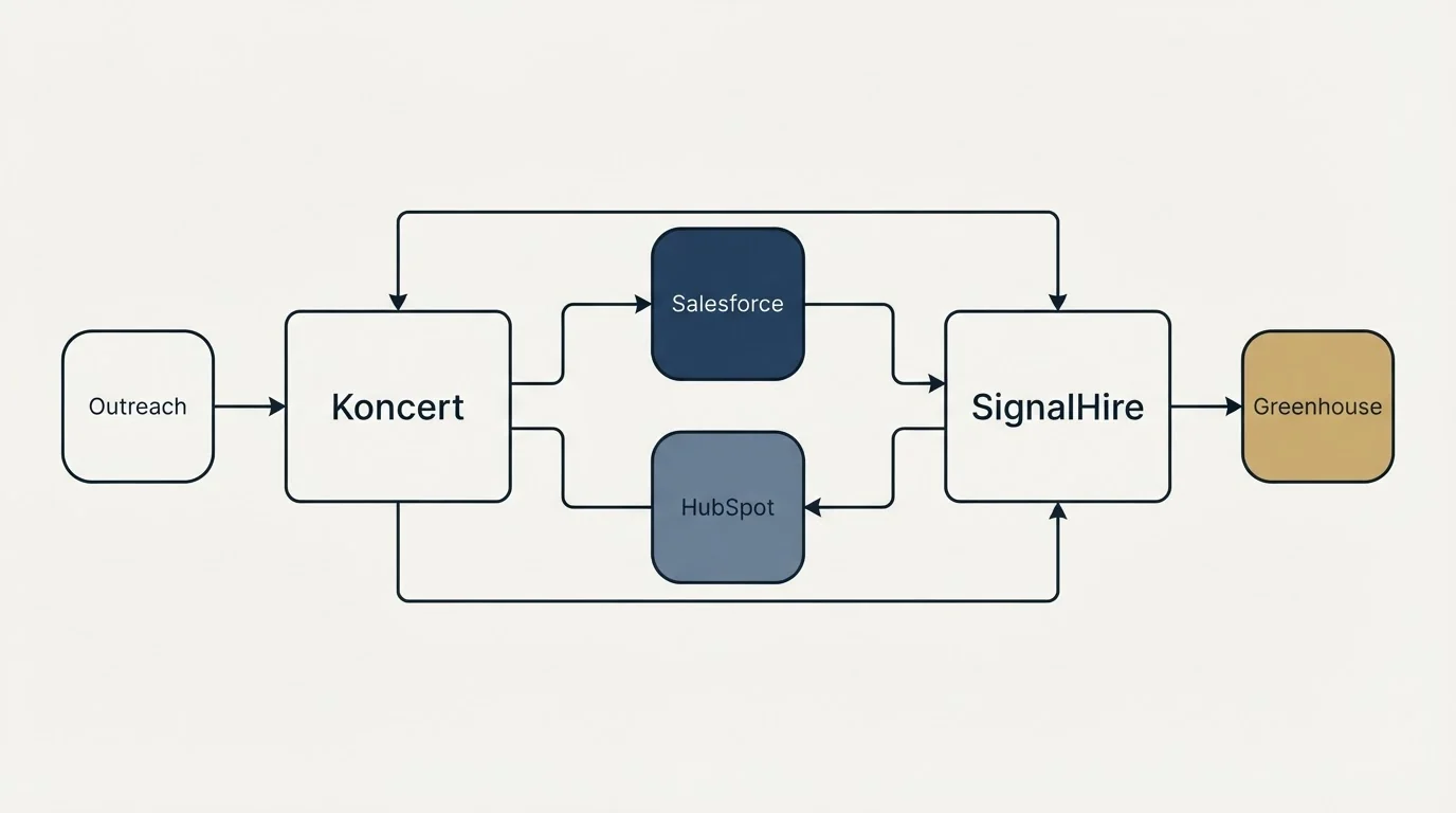 Integration schematic: Integration Ecosystem (Koncert, SignalHire, Salesforce, HubSpot)