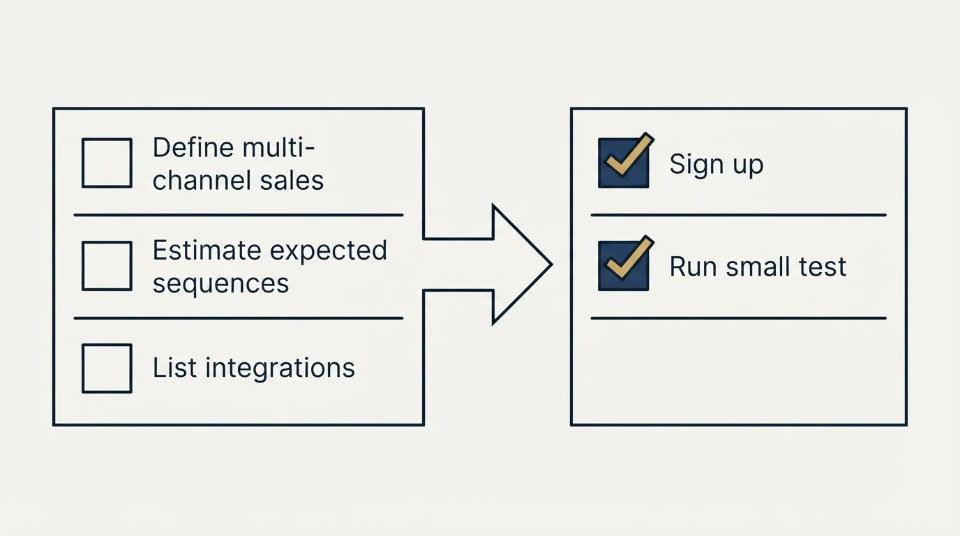 Before-and-after steps: Getting Started Checklist (Define multi-channel sales, Estimate expected sequences, List integrations, Sign up)