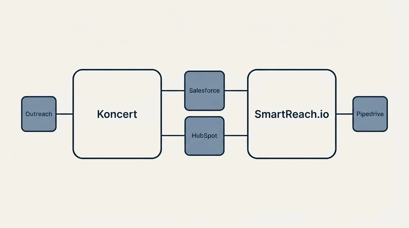 Integration schematic: Integration Ecosystem (Koncert, SmartReach.io, Salesforce, HubSpot)