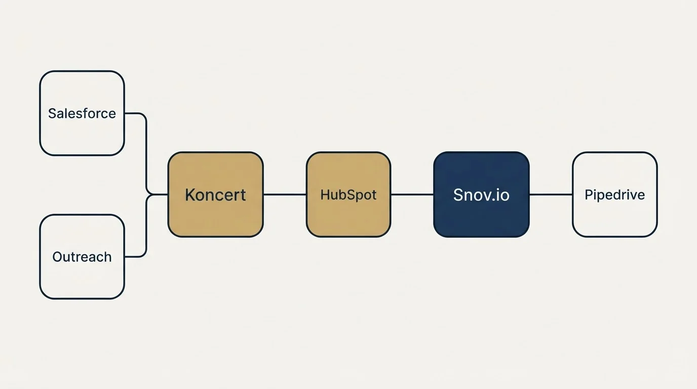 Integration flow: Integration Ecosystem (Koncert, Snov.io, HubSpot, Salesforce)