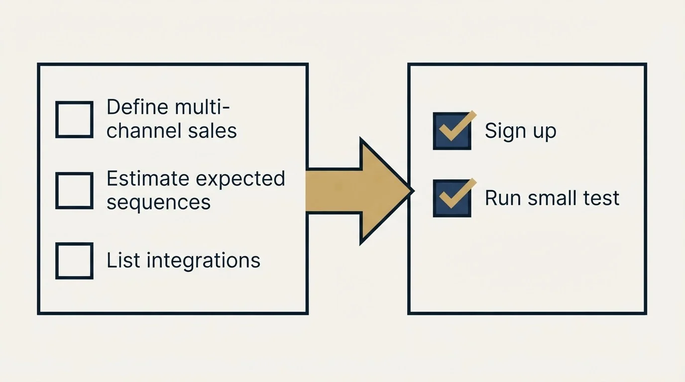 Before-and-after steps: Getting Started Checklist (Define multi-channel sales, Estimate expected sequences, List integrations, Sign up)