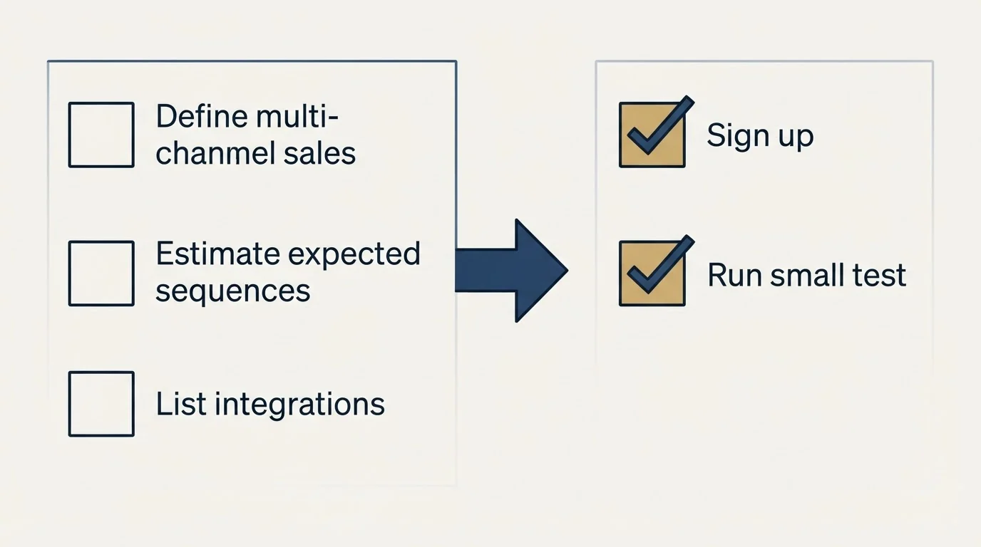 Before-and-after steps: Getting Started Checklist (Define multi-channel sales, Estimate expected sequences, List integrations, Sign up)