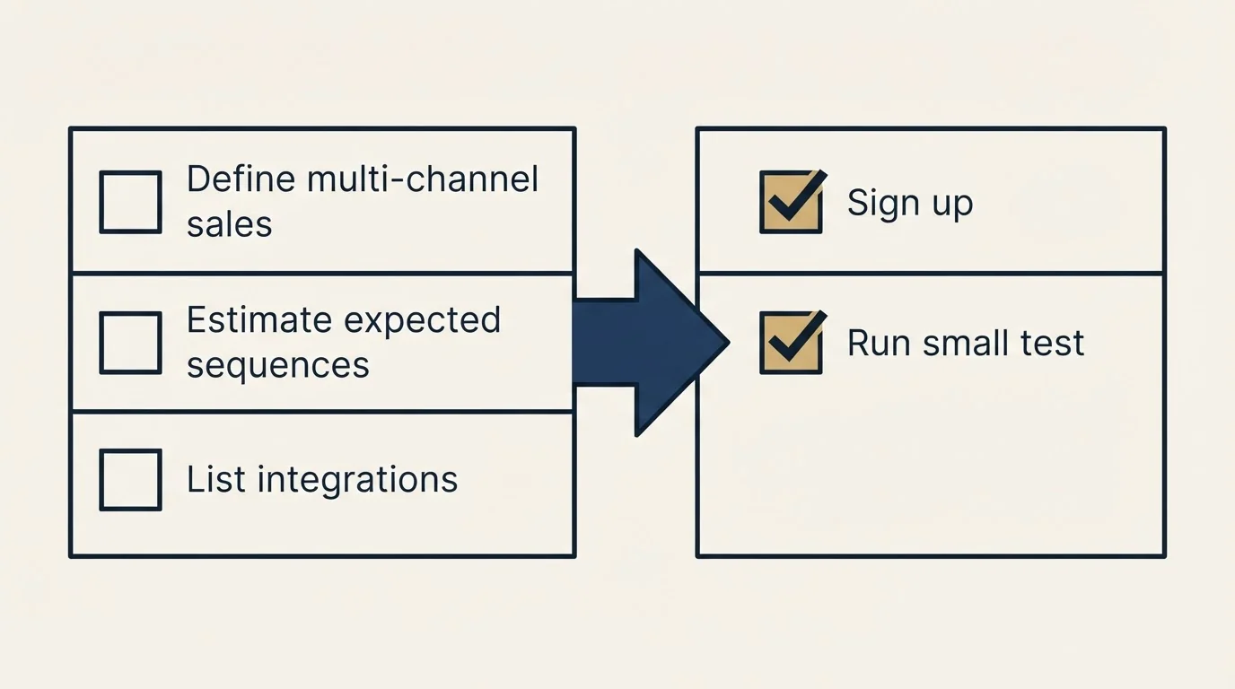 Before-and-after steps: Getting Started Checklist (Define multi-channel sales, Estimate expected sequences, List integrations, Sign up)