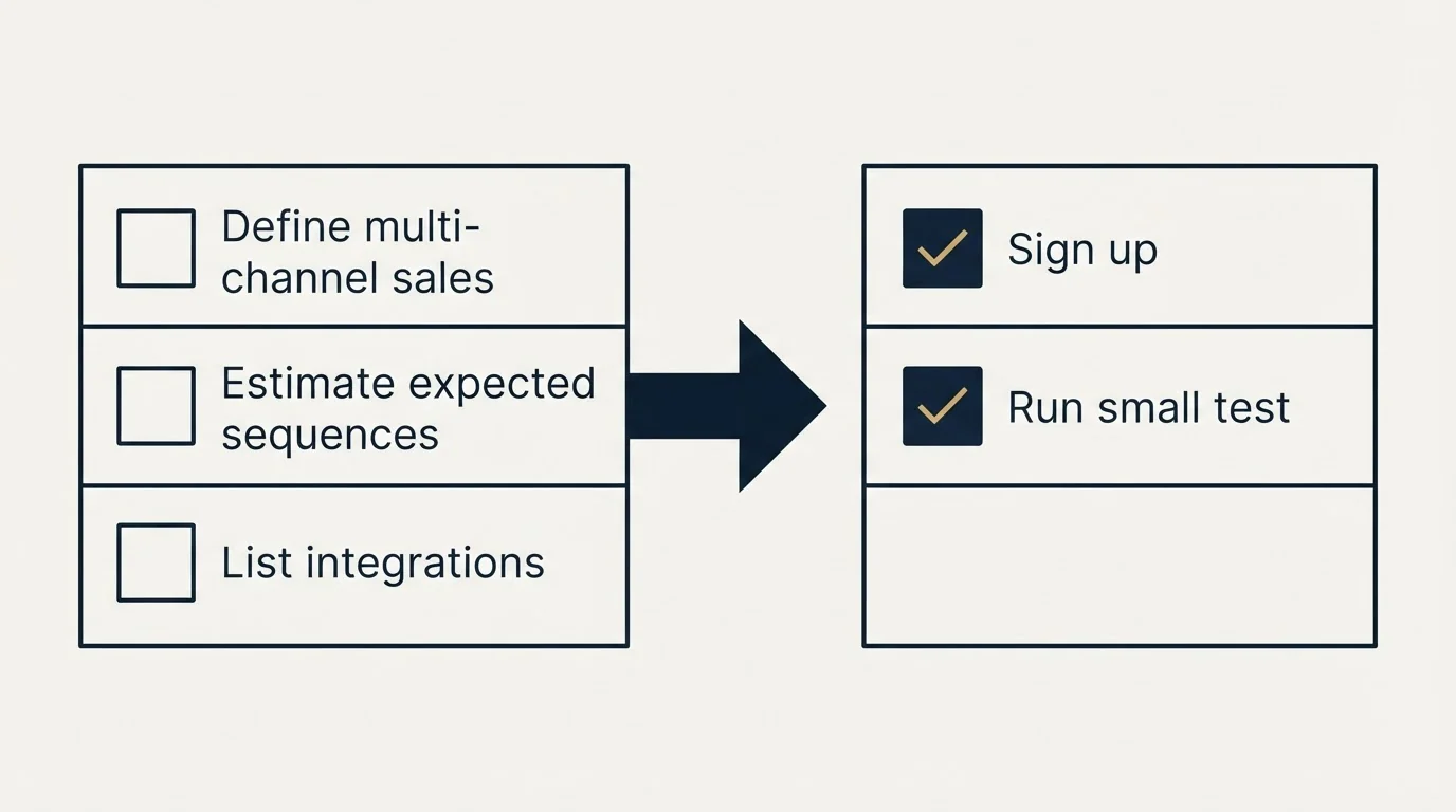Before-and-after steps: Getting Started Checklist (Define multi-channel sales, Estimate expected sequences, List integrations, Sign up)