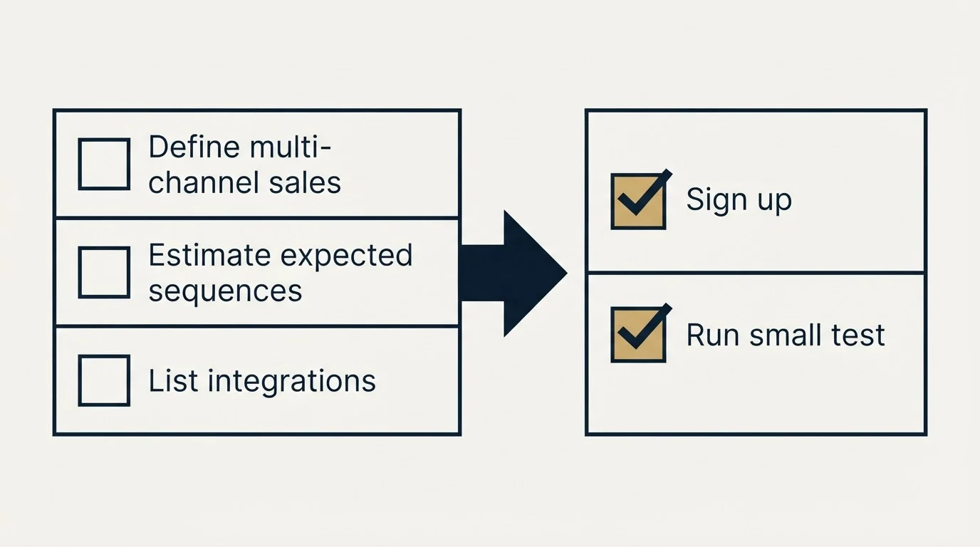 Before-and-after steps: Getting Started Checklist (Define multi-channel sales, Estimate expected sequences, List integrations, Sign up)