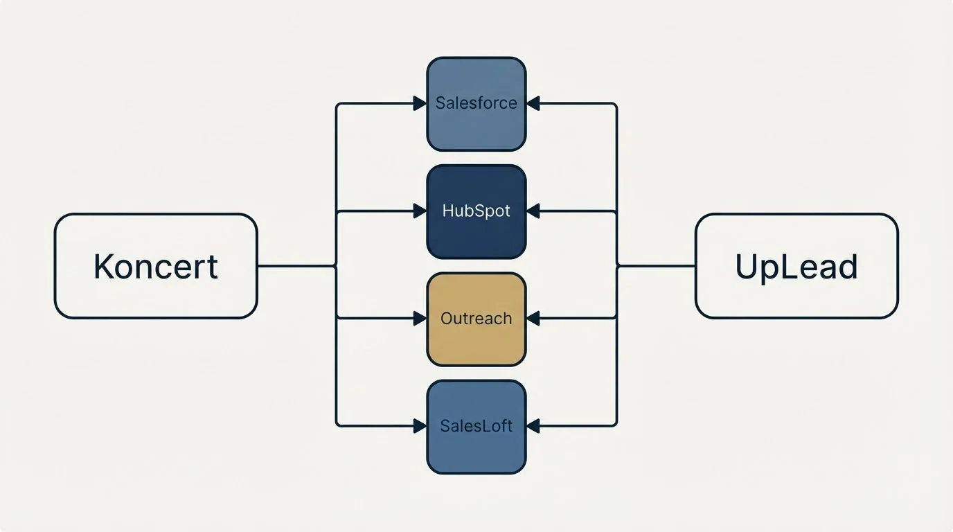 Integration flow: Integration Ecosystem (Koncert, UpLead, Salesforce, HubSpot)
