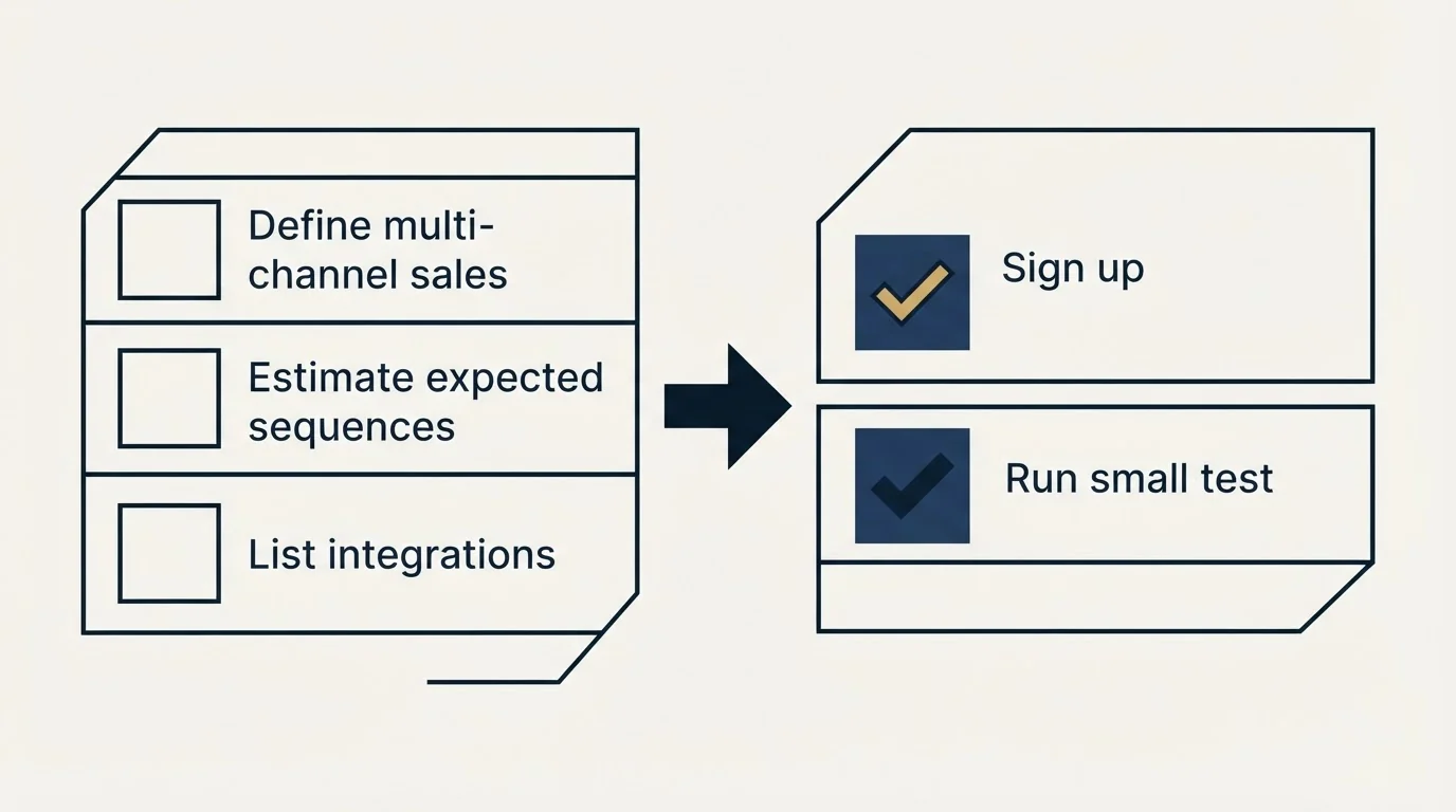 Before-and-after steps: Getting Started Checklist (Define multi-channel sales, Estimate expected sequences, List integrations, Sign up)