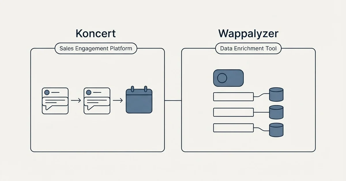 Side-by-side panels: Koncert vs Wappalyzer (Sales Engagement Platform, Data Enrichment Tool)