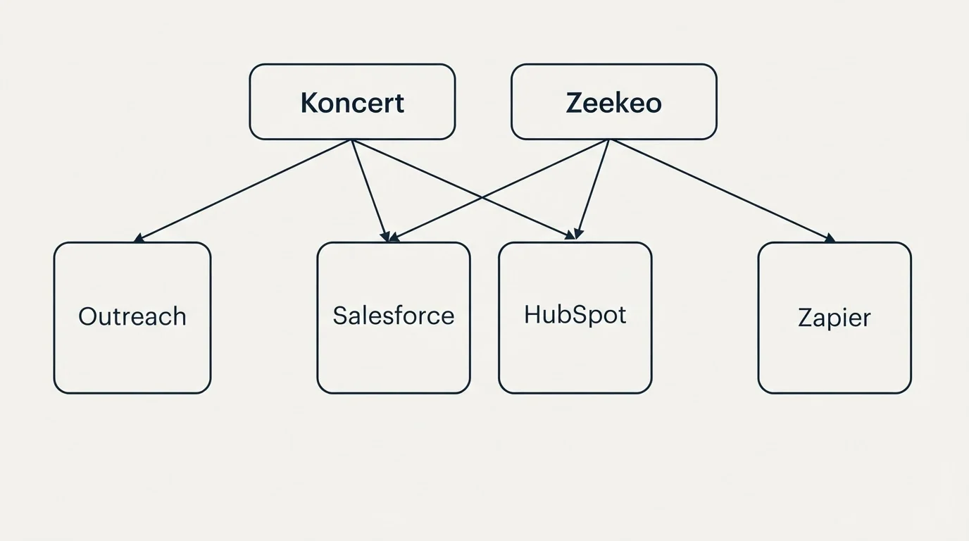 Integration grid: Integration Ecosystem (Koncert, Zeekeo, Salesforce, HubSpot)