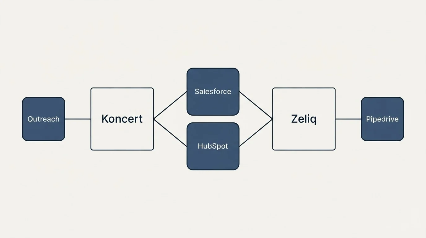Integration schematic: Integration Ecosystem (Koncert, Zeliq, Salesforce, HubSpot)