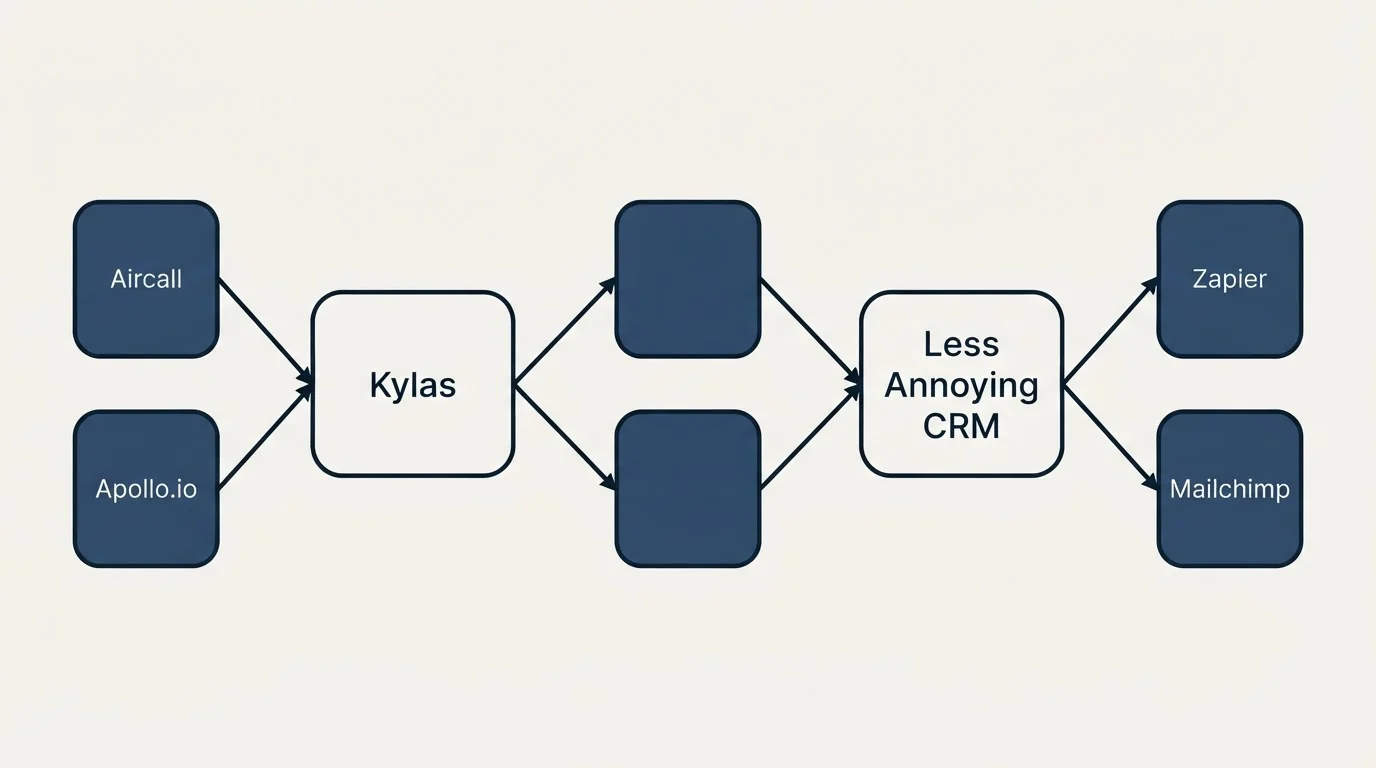 Integration schematic: Integration Ecosystem (Kylas, Less Annoying CRM, Aircall, Zapier)