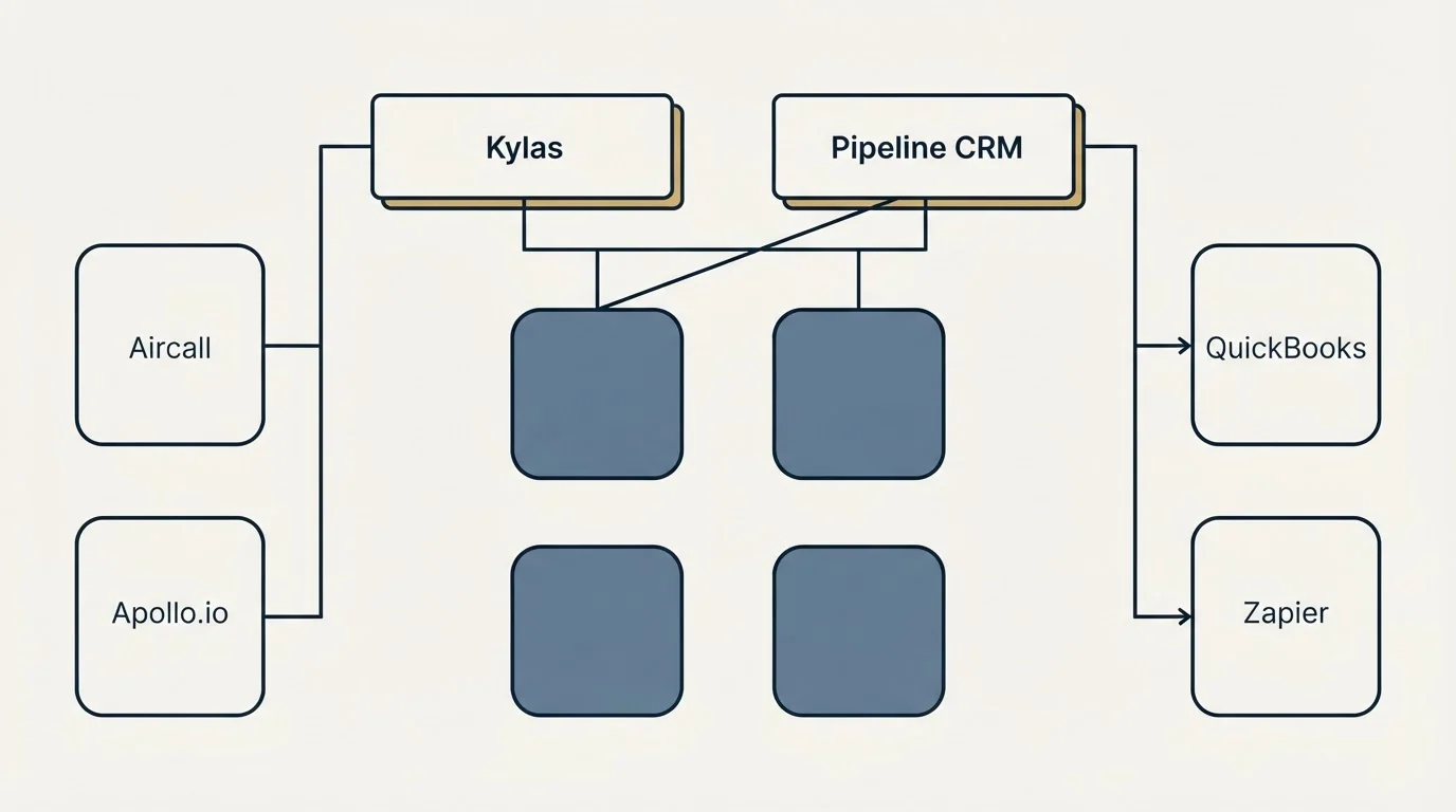 Integration grid: Integration Ecosystem (Kylas, Pipeline CRM, Aircall, QuickBooks)