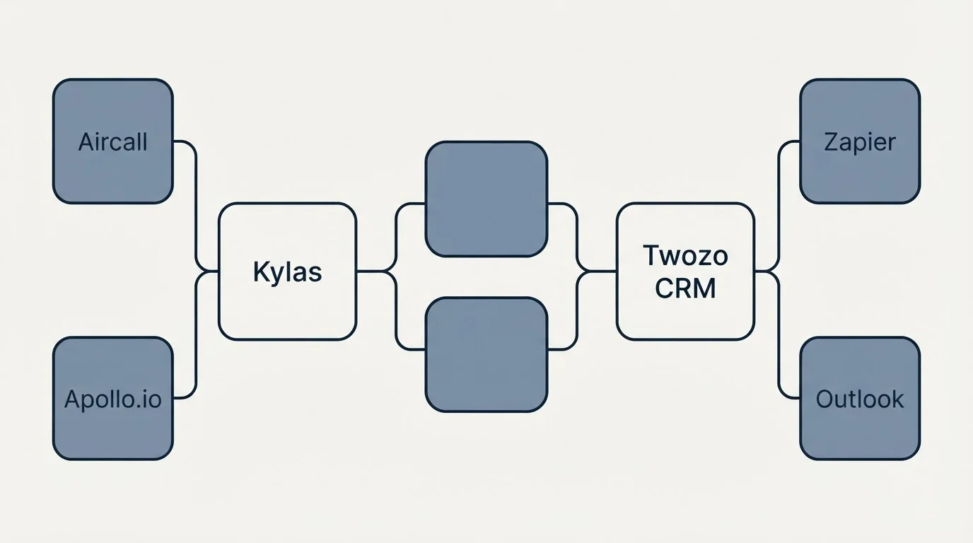 Integration schematic: Integration Ecosystem (Kylas, Twozo CRM, Aircall, Zapier)