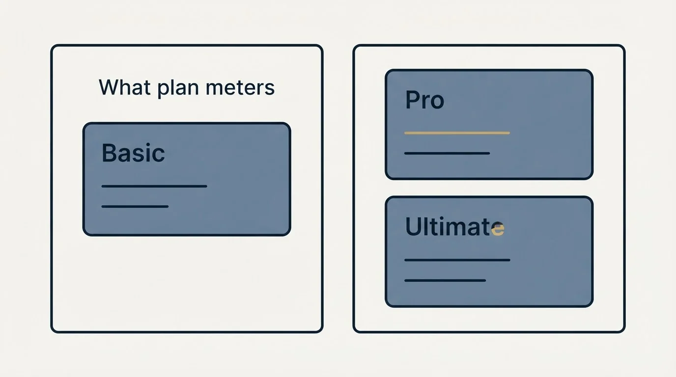 Pricing panels: What the plan meters (Basic, Pro, Ultimate, What plan meters)