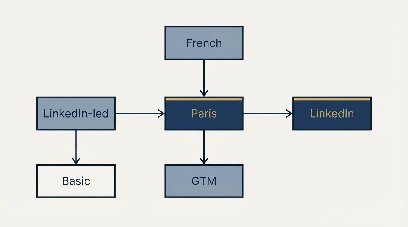 Schematic: Where it sits (Paris, French, GTM, LinkedIn-led)