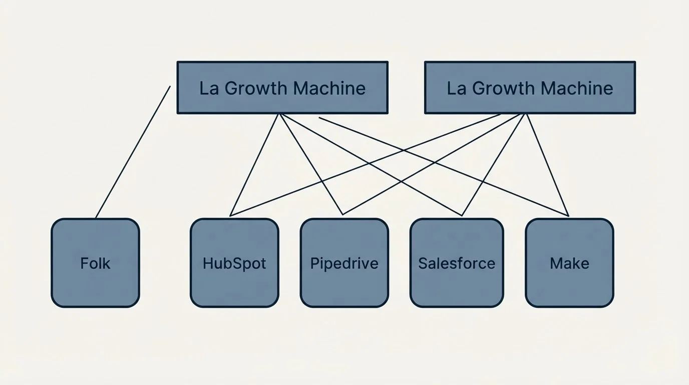 Integration grid: Integration Ecosystem (La Growth Machine, HubSpot, Pipedrive, Salesforce)