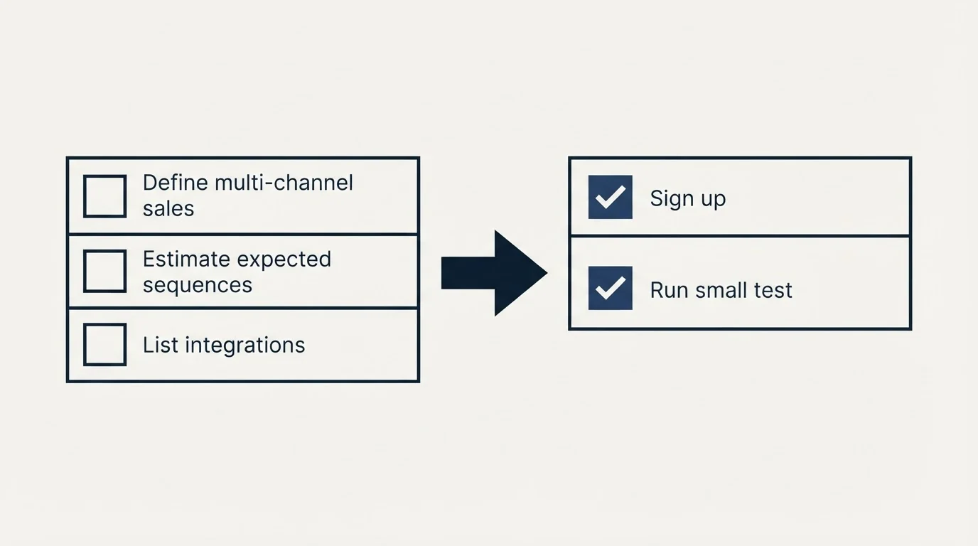 Before-and-after steps: Getting Started Checklist (Define multi-channel sales, Estimate expected sequences, List integrations, Sign up)