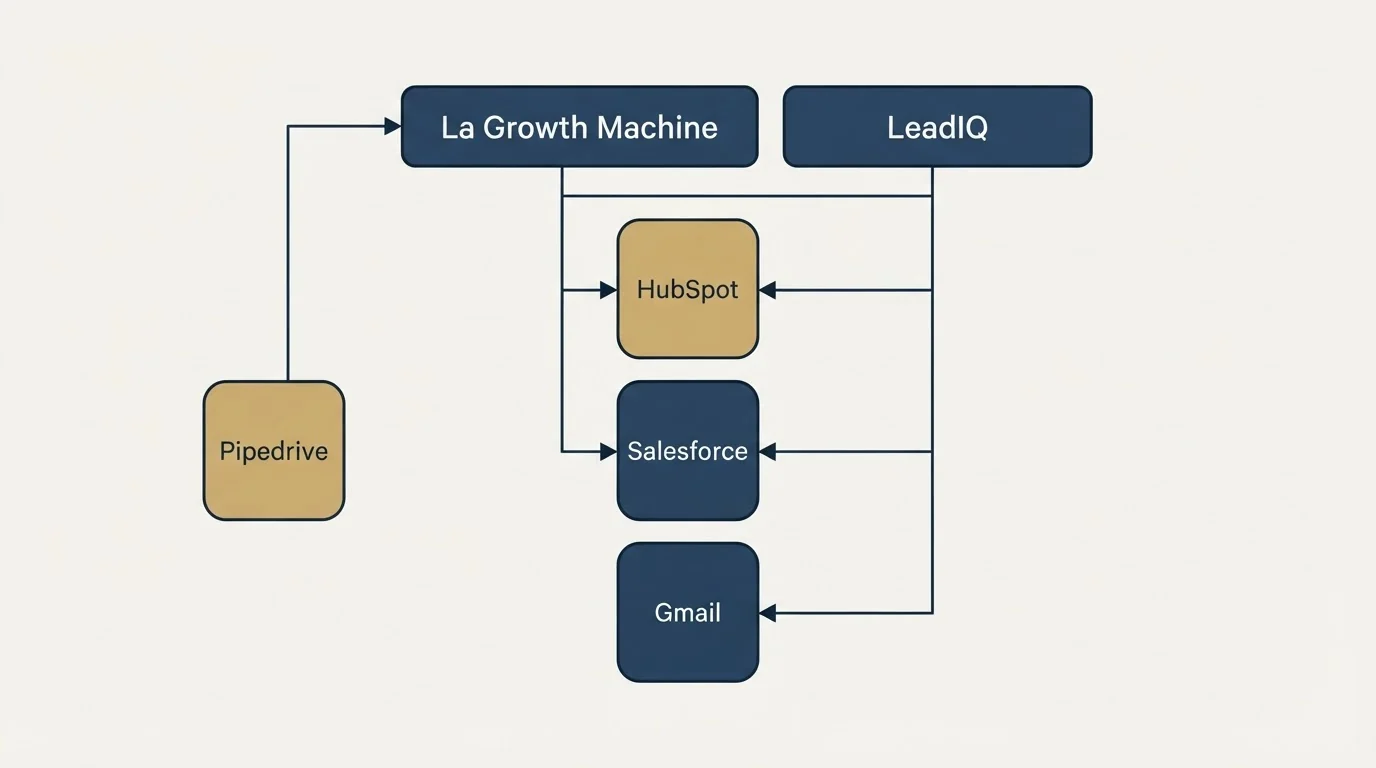 Integration grid: Integration Ecosystem (La Growth Machine, LeadIQ, HubSpot, Salesforce)